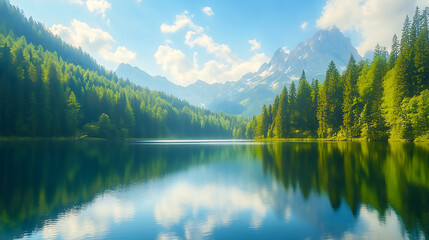 A majestic mountain range with snow-capped peaks, clear blue skies 