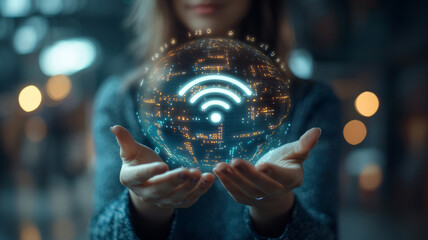 Fototapeta premium A businesswoman holding a holographic WiFi symbol while reviewing digital business reports and charts
