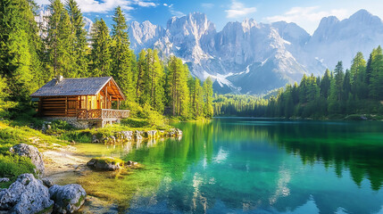Majestic mountain range with snow-capped peaks under a clear blue sky, surrounded by lush green forests and a serene lake reflecting the beauty