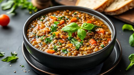 A clean bowl of lentil soup garnished with fresh herbs, representing healthy protein sources