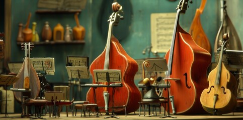 Naklejka premium A charming miniature orchestra setup with tiny instruments and music sheets, capturing the essence of musical creativity