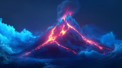 A vivid volcano erupts amidst a starry night, its fiery lava contrasting with the cool blue clouds