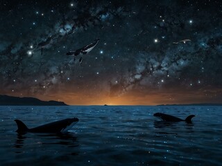 Whales swimming in a starry sky.