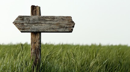 Naklejka premium Wooden signpost in a grassy field, pointing directions against a clear sky.