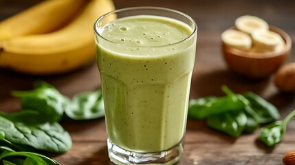 A refreshing smoothie made with spinach, banana, and almond milk in a clear glass, highlighting the combination of fruits and vegetables