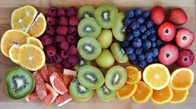A variety of colorful fruits sliced and arranged on a wooden cutting board, emphasizing the fruit food group