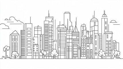 Obraz premium Minimalist line drawing of a city skyline with tall buildings isolated on solid white background