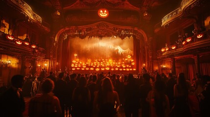 Naklejka premium Spooky Halloween costume ball in a historic American theater guests in eerie gothic attire