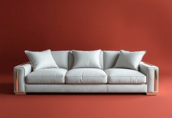 White Leather Sofa with Gold Accents on Red Background