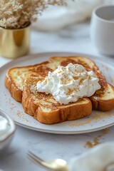 Delicious French Toast with Whipped Cream and Edible Gold Flakes.