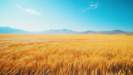 Golden fields of wheat sway gently under a clear blue sky in a picturesque rural landscape during midday