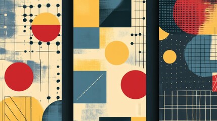 et of 3 retro geometric pattern backgrounds featuring vector abstract designs of circles, triangles, and squares.