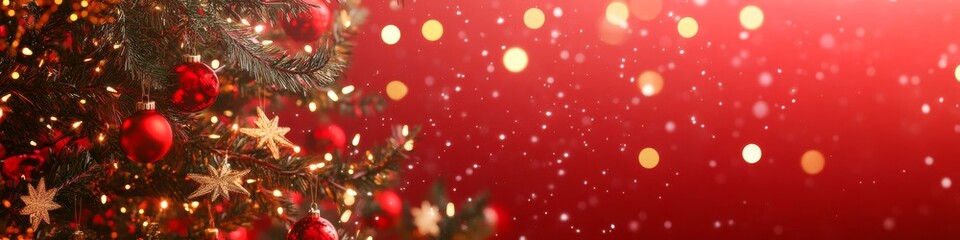 Red and gold Christmas decorations on festive tree with bokeh lights in holiday atmosphere