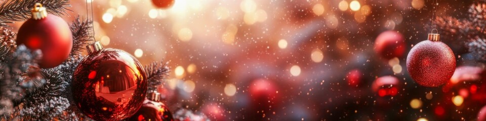 Obraz premium Red Christmas ornaments on a decorated Christmas tree with glowing lights and festive bokeh background