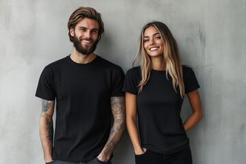 Stylish Young Couple, Man and Woman, Wearing Blank Black T-Shirts for Apparel Mockup Presentation, Fashion Design Template