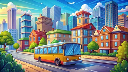 Colorful Cartoon Bus Traveling Through a Vibrant Cityscape with Bright Buildings and Clear Sky