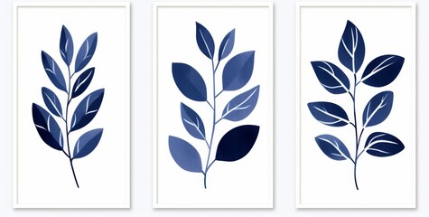 set of 3 simple navy blue leaf designs on a white background, in a triptych style. 