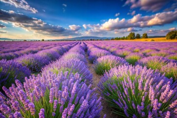 Fototapeta premium Lavender field at sunset with blooming rows of lavender flowers