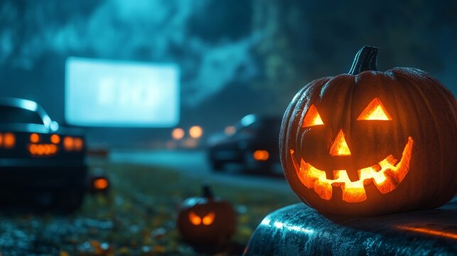 Spooky Halloween night at an American drive-in theater classic horror movies playing