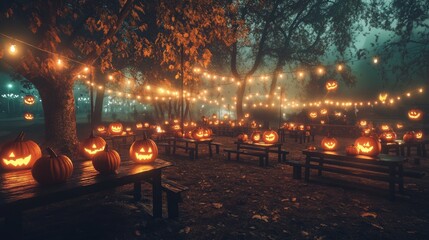 Spooky Halloween outdoor dance party in an American city park eerie lights flickering
