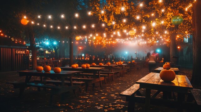 Spooky Halloween outdoor dance party in an American city park eerie lights flickering