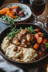 Closeup of a bowl of mashed potatoes with gravy, carrots, and green beans.