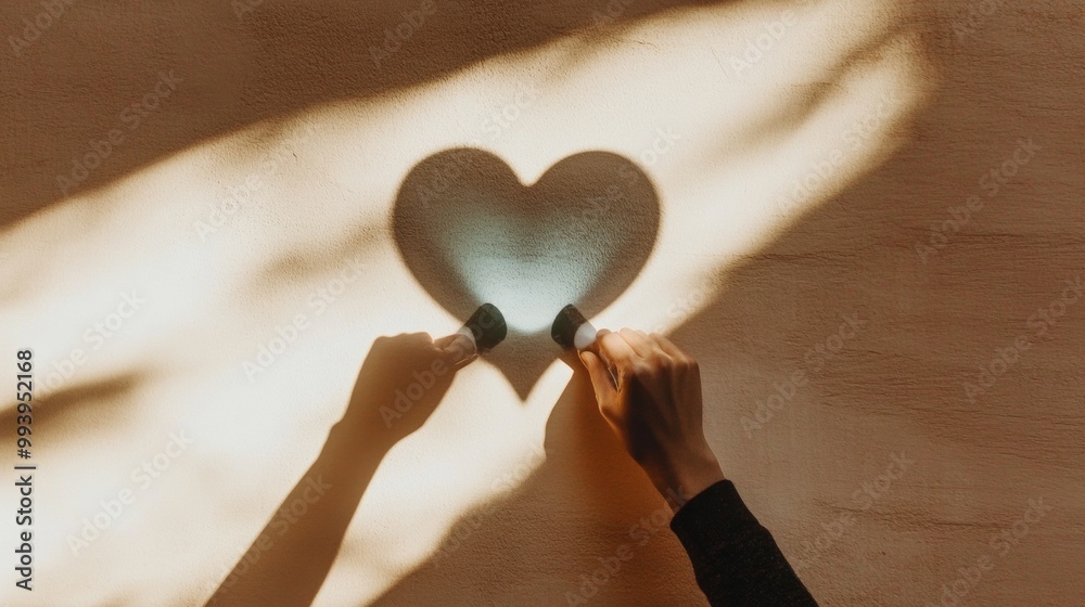 Poster Minimalist Shadow Art Hands Creating Heart Shape with Flashlight