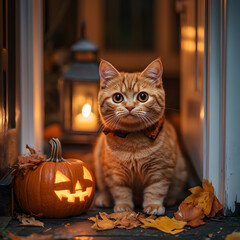 Halloween background with pumpkin with cat