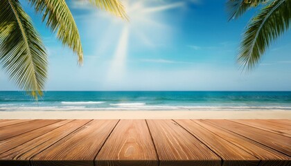 Wooden tabletop against the sea background for product presentation. Empty countertop on the beach with palm trees. Platform mockup with sunny sky.
