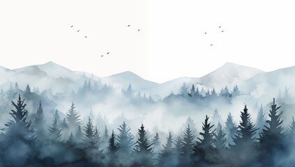 A watercolor artwork showcasing a tranquil forest scene, featuring towering mountains and vibrant trees.
