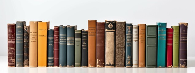 A row of vintage books displayed against a clean white background, showcasing their worn spines and unique titles.
