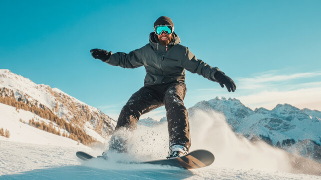 Man enjoying snowboarding in mountain ski resort with amazing winter landscape banner. Male snowboarder on slope with professional equipment on sunny day Man carving down slope against clear blue sky
