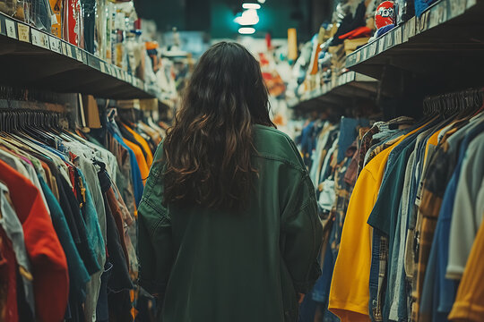 Second-Hand Shopping: Candid shots of someone browsing through a second-hand store or thrift shop, embracing the philosophy of buying used rather than new.