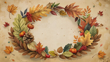 Autumn Wreath with Leaves, Pine Cones, and Berries on Beige Background
