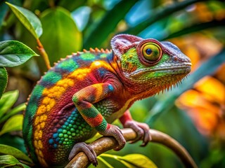 Obraz premium Colorful Chameleon on a Branch Blending with Green Leaves in a Tropical Environment