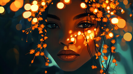 Conceptual face portrait of a girl with orange sprouts against a background of lights. Gorgon. Illustration