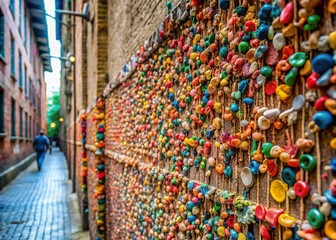 Fototapeta premium Colorful Chewing Gum Wall in Post Alley, Seattle, Washington, a Unique Urban Art Attraction