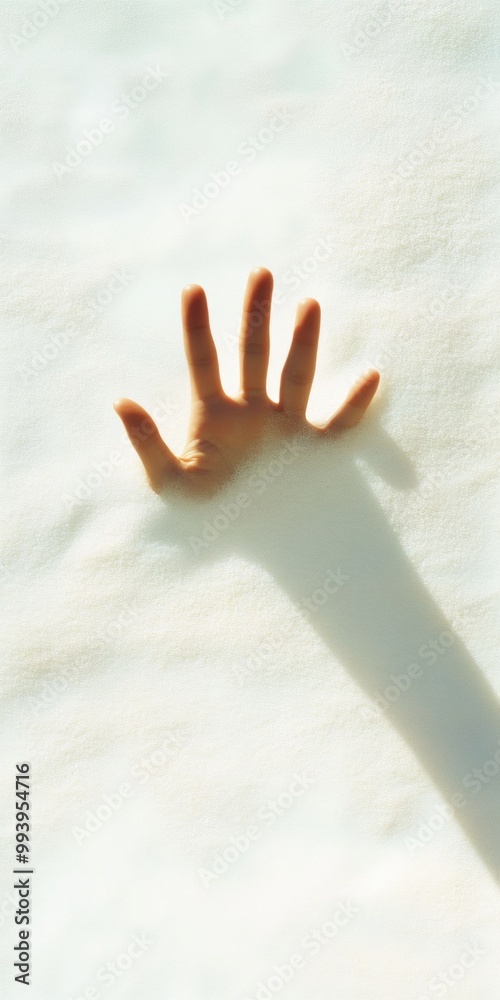 Poster minimalist aerial view of hand in sand, emphasizing shadows and light