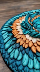 Naklejka premium Vibrant handcrafted art piece featuring intricate floral patterns in turquoise, orange, and cream hues, perfect for decor.