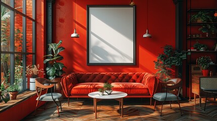 A modern cafe interior with a blank poster on the wall, stylish furniture, and red color scheme, concept of advertising space. 3D Rendering