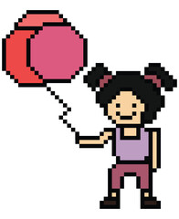 Cute pixel cartoon character girl kid hold or play balloon decoration 8 bit woman with balloon pixel game png vector.