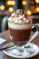 Close-up of a Delicious Iced Coffee with Whipped Cream and Chocolate Shavings.