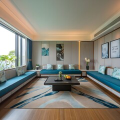 Serene Modern Living Room. Minimalist Elegance with Natural Light Teal Accents and Tranquil Decor
