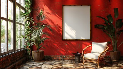 A modern cafe interior with a blank poster on the wall, stylish furniture, and red color scheme, concept of advertising space. 3D Rendering