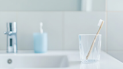 Closeup of Toothbrush in Glass Cup on Bathroom Counter