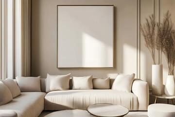 Realistic 3D Render of a Mockup Frame in a Rustic Farmhouse Living Room Interior with Warm, Cozy Details
