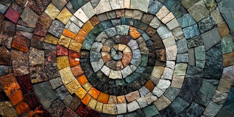 Fototapeta premium A vibrant spiral of stone tiles showcasing intricate design and color. This decorative mosaic art is ideal for home decor, wall art, or architectural elements. Explore its unique beauty. AI