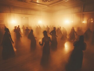Spooky Halloween-themed dance party in an old American ballroom people in creepy costumes