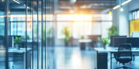 Fototapeta premium Blurred modern office interior with desks and natural light for professional settings
