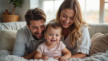 Obraz premium Happy family: mother, father, children son and daughter on sunset.